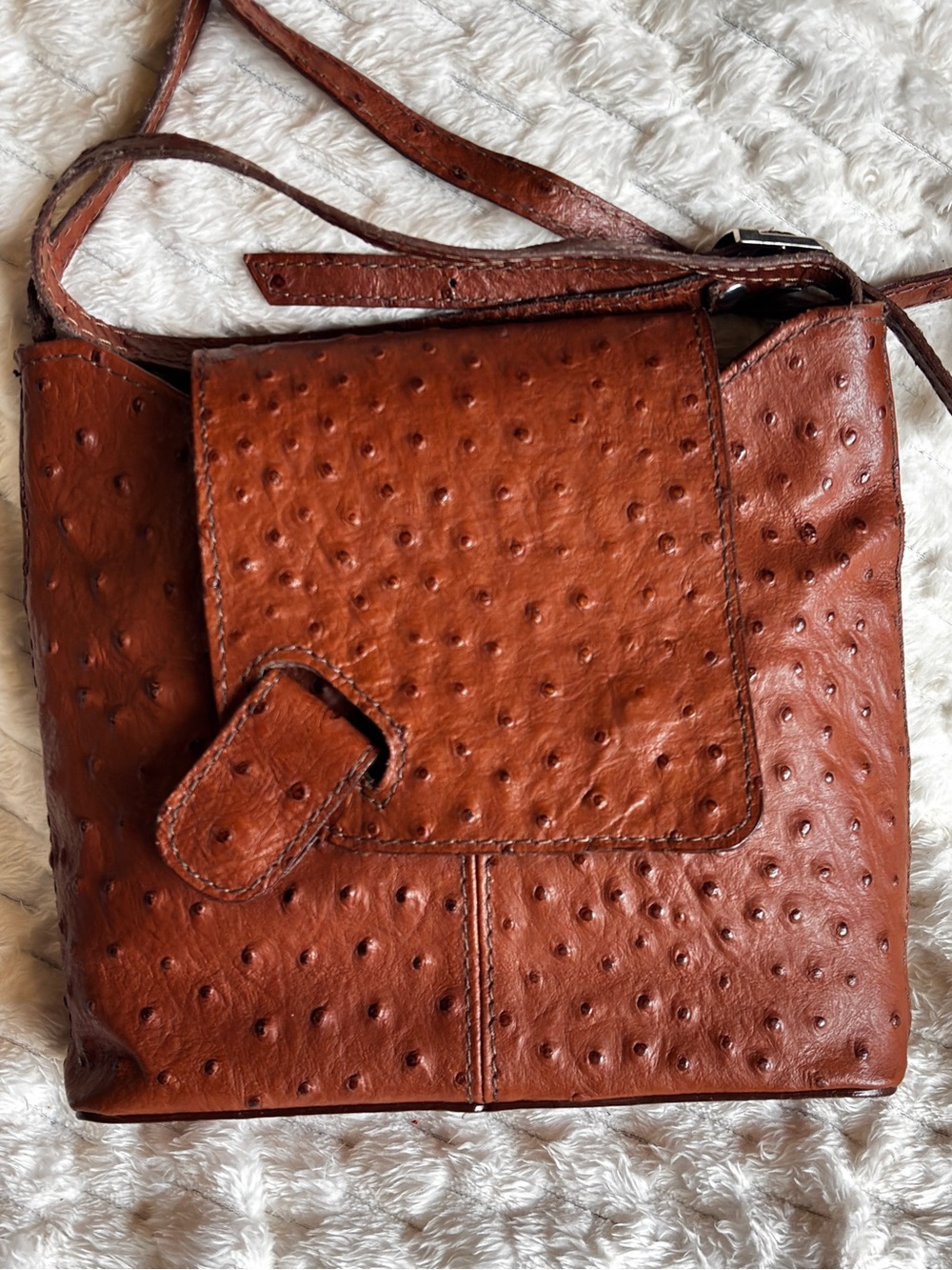 Vintage Italy Ostrich Leather Crossbody Flap Bag Silver Hardware